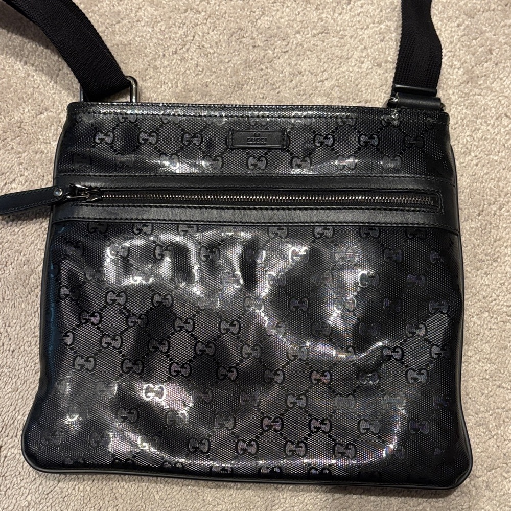 Gucci Shiny, Textured Black Logo Crossbody Bag